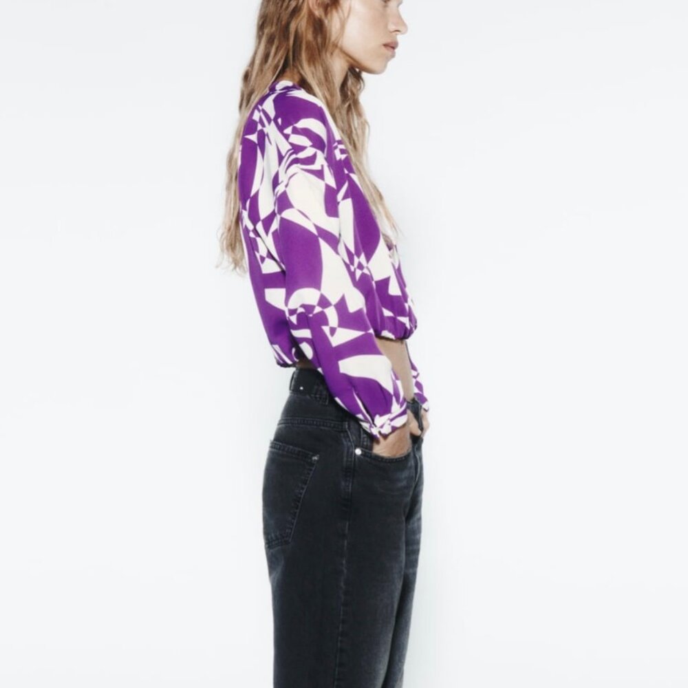 ZARA Women's Ruched Print Blouse(Purple, US L/EUR L)